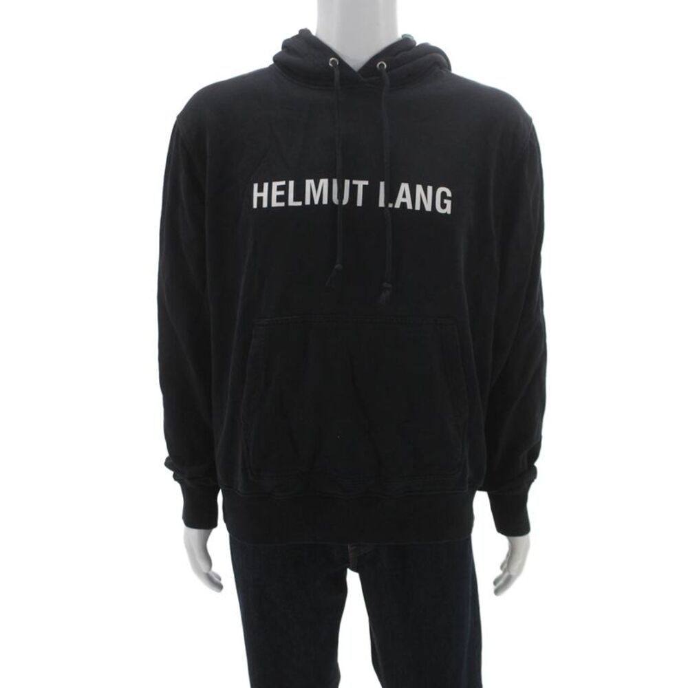 Helmut Lang Mens Pullover Hoodie Black Graphic 100% Cotton Drawstring Size L